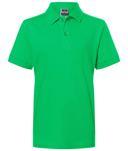 A bright green polo shirt featuring a collar and short sleeves, with a tag at the neck and a logo.