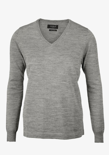 A grey v-neck jumper featuring long sleeves and a soft knit texture, with a logo on the label.