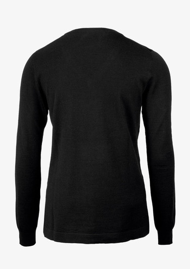 A black women's knit jumper with long sleeves, featuring a simple design and a round neckline.