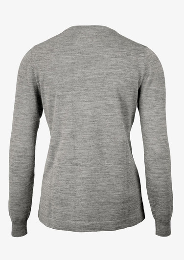A grey women's jumper with long sleeves and a round neck. The back is plain with minimal detailing.