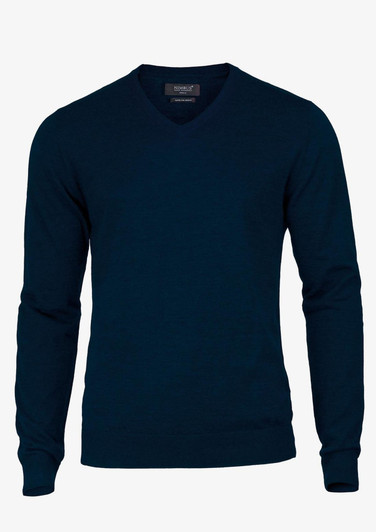 A navy blue v-neck jumper with long sleeves, featuring a branding tag on the neckline.