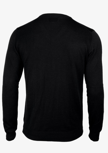 A black jumper sweater featuring a simple design with a rounded neckline and long sleeves, showcasing the back view.