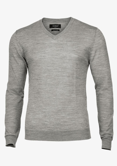A grey V-neck jumper with long sleeves and a fitted design, featuring a logo on the label.