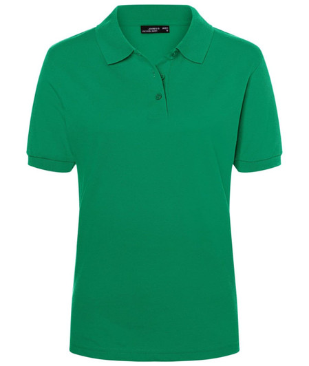 A green ladies' polo shirt with a classic design, featuring a collar and three buttons, and a logo on the chest.