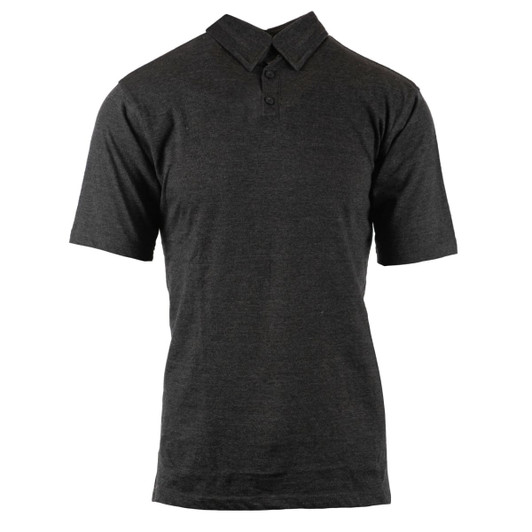 A dark grey polo shirt featuring a collar, short sleeves, and buttons, with a logo on the chest.