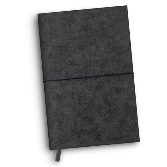 A dark grey RPET felt soft cover notebook with an elastic band closure and a ribbon marker, featuring a logo.