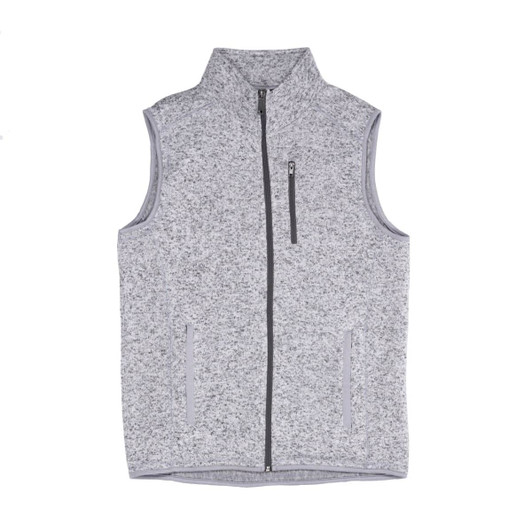 A grey sweater knit vest featuring a high collar and zippered front, with side pockets and a small logo.