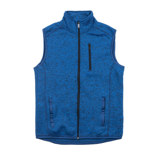 A blue sweater knit vest with a high collar, front zip, and two side pockets. It features a zippered chest pocket.
