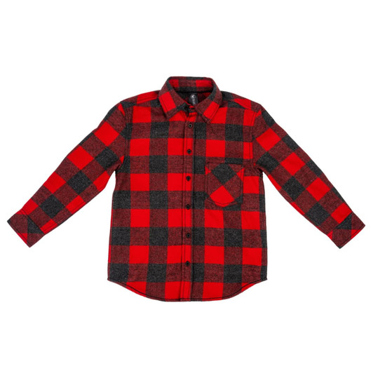 A red and black plaid flannel button-up shirt with long sleeves and a chest pocket. It features a logo.