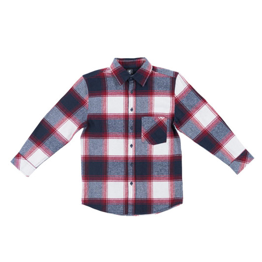 A red, navy, and grey plaid long sleeve yarn-dyed flannel shirt with a button-up front and chest pocket.