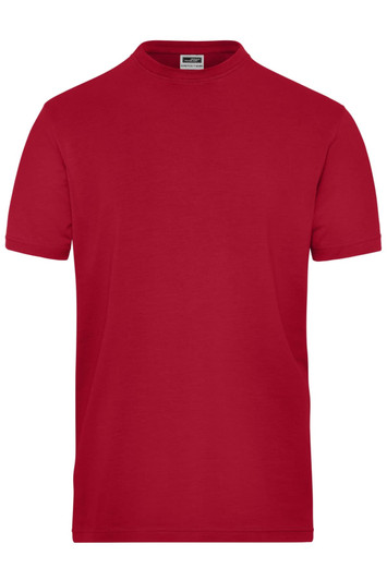 A red short-sleeved T-shirt with a round neckline and a logo. Suitable for workwear and casual wear.