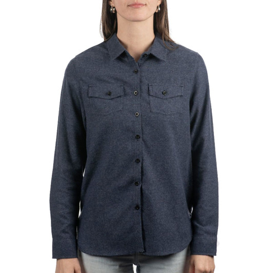 A grey flannel button-up shirt for ladies, featuring two chest pockets and a branded logo.