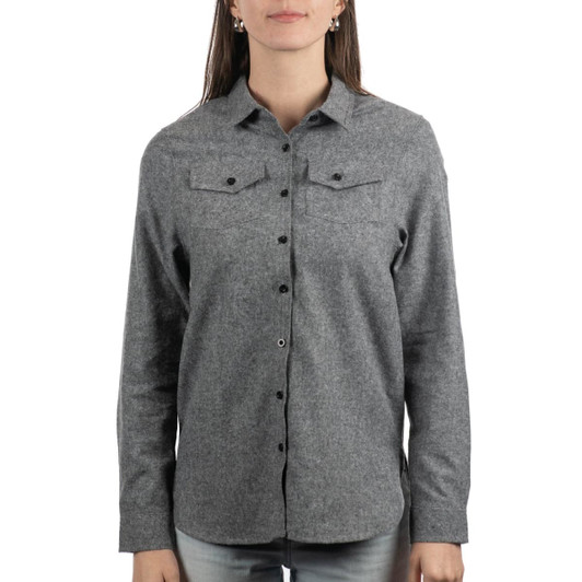 A grey extra soft solid flannel shirt with a button-up front and two chest pockets. It has a logo on the side.