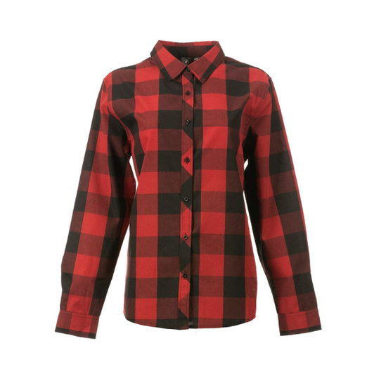 A red and black buffalo plaid button-up shirt with long sleeves and a collar, featuring a logo on the back.