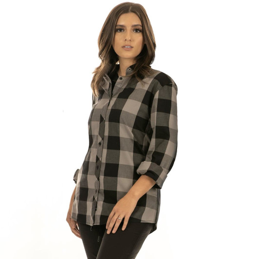 A button-up shirt featuring a black and grey buffalo checked pattern, with rolled sleeves and a logo.