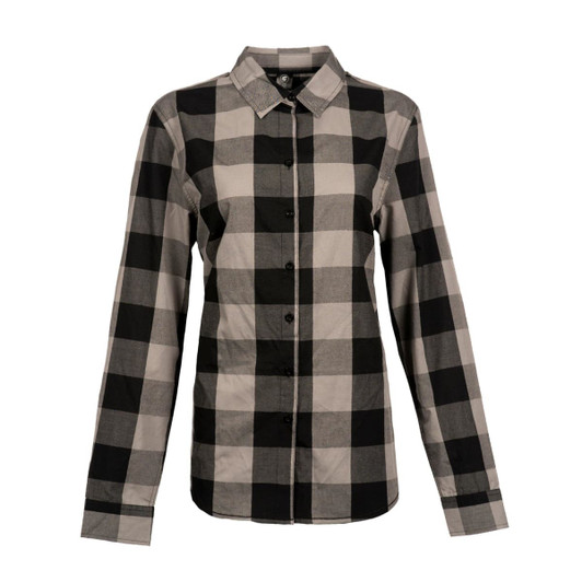A long sleeve shirt in a black and grey buffalo check pattern, featuring a button-up front and collar. It has a logo.