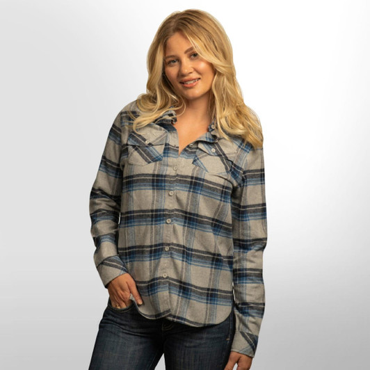 A long sleeve, yarn-dyed flannel shirt in shades of blue and grey, featuring a button-up front and pockets.