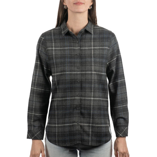 A long sleeve, grey and black plaid flannel shirt with a button-up front and a collar. It features a logo.