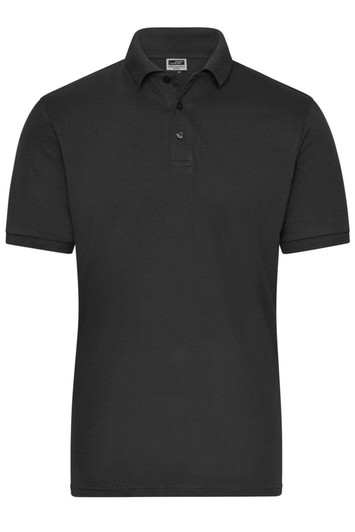 A black men's polo shirt with short sleeves and a collar, featuring a logo on the chest.