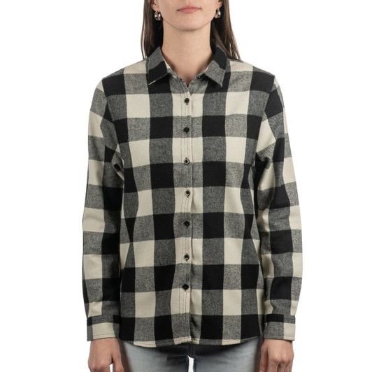 A button-up flannel shirt in black and cream plaid with a collar and long sleeves. The shirt has a logo.