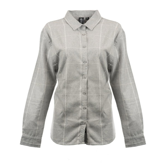 A grey flannel shirt with a check pattern, featuring long sleeves and a collared neckline. It has a logo on the label.