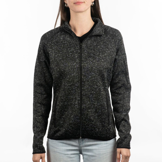 A full zip sweater knit jacket in black and grey, featuring a zip closure and a subtle pattern, with a logo.