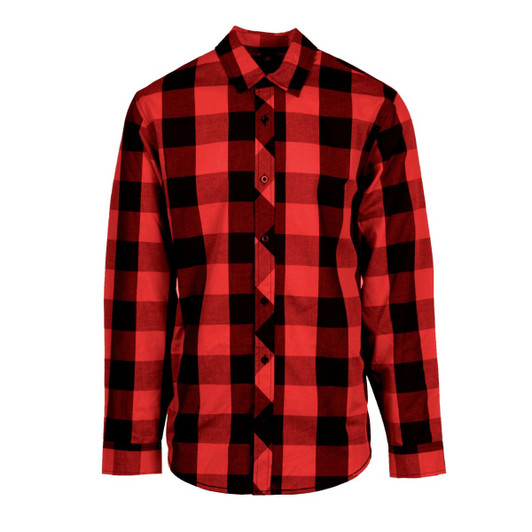 A men's long sleeve shirt in red and black buffalo plaid design, featuring a button-up front and collar.