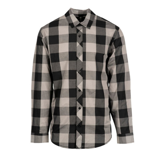 A long sleeve button-up shirt featuring a black and grey buffalo check pattern and a logo on the chest.