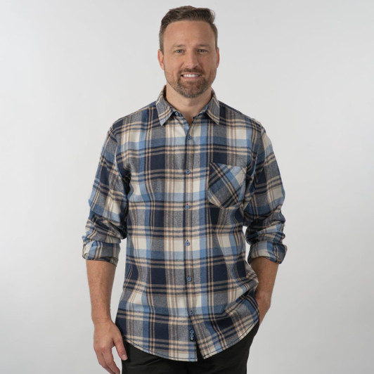 A button-up shirt featuring a blue and brown plaid pattern, with a single pocket on the front.