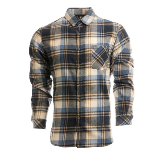 A button-up shirt in a blue, cream, and navy plaid pattern, featuring a chest pocket and a logo.