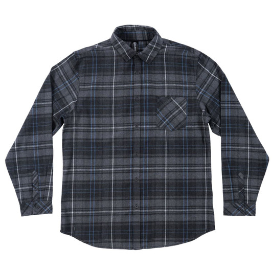 A short sleeve yarn-dyed flannel shirt featuring a black and grey check pattern with a chest pocket.