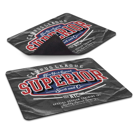 A mouse mat featuring a black textured surface with a prominent red and white logo and branding elements.