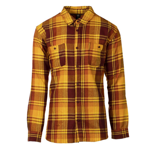 A flannel shirt featuring a yellow and burgundy plaid pattern with two front pockets. It has a button-up design.