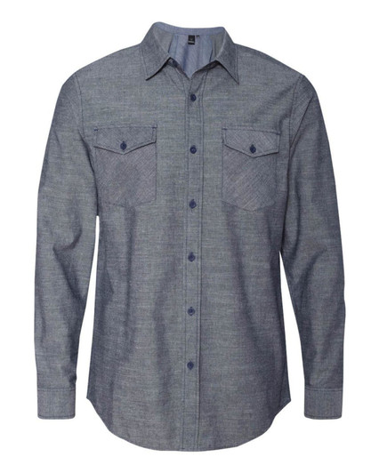 A long sleeve chambray shirt in a blue tone, featuring two front pockets and a button-up design.
