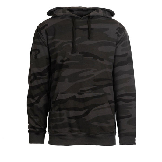 A camouflage-patterned pullover hoodie in shades of black and grey, featuring a front pocket and a hood.