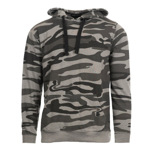 A grey and black camo-patterned pullover hoodie with a front pocket and drawstrings. It features a logo on the chest.