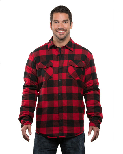 A flannel jacket in red and black check pattern, featuring a button-up front and two chest pockets. It has a logo.