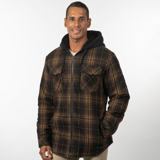 A flannel jacket with a black Sherpa hoodie and quilted lining, featuring a plaid design in brown and black.
