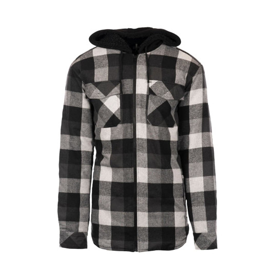 A flannel jacket with a black and white check pattern and a Sherpa-lined hoodie. Features a zip front and chest pockets.