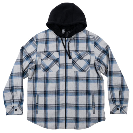 A flannel jacket featuring a black Sherpa hoodie and quilted lining, with blue and grey checkered patterns.
