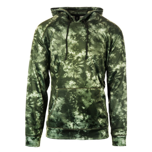 A green tie-dye performance raglan pullover hoodie with a front pouch and adjustable drawstring hood.