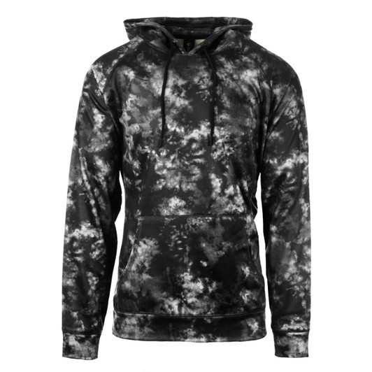 A black and grey tie-dye pullover hoodie with a front pocket and a drawstring hood, featuring a logo.