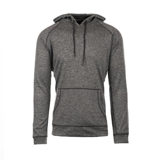 A grey Performance Raglan Pullover Hoodie with a front pocket and drawstring hood, featuring a logo.
