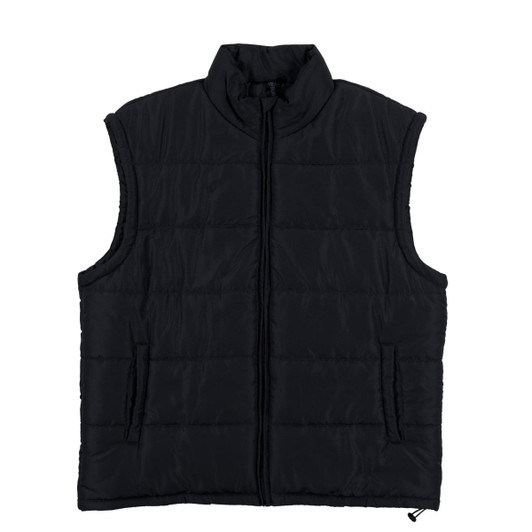 A puffer vest in dark grey, featuring a zip front and a logo, worn by a model with a casual outfit.