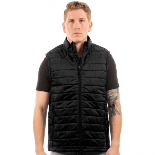 A puffer vest in black, featuring a zip closure and a high collar, displayed on a model from the side.