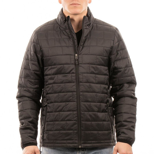 A black puffer jacket with a quilted design, viewed from the back, worn by a person. Features a branding logo.