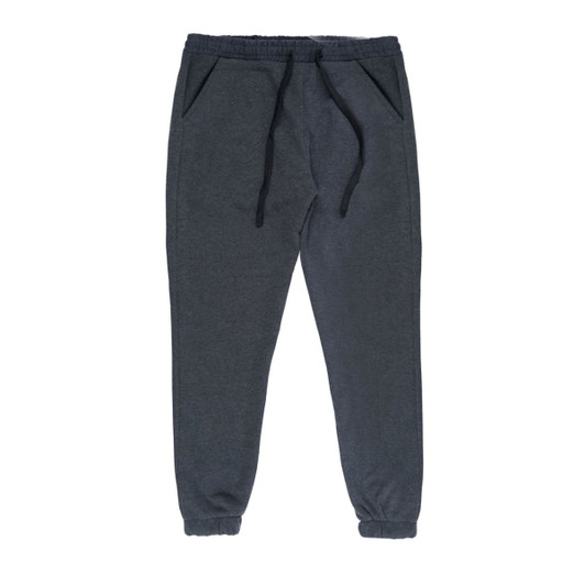 Dark grey jogger pants with an elastic waistband and side pockets, featuring a drawstring and cuffs at the ankles.