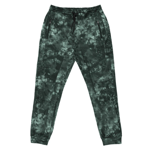 Tech fleece knit jogger pants in a green tie-dye pattern, featuring side pockets and an elastic waistband.