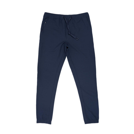 Navy track pants with a drawstring waistband and side pockets, featuring a small logo.