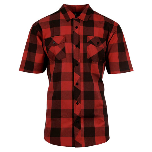 A short-sleeve red and black plaid button-up shirt with two chest pockets and branding on the label.